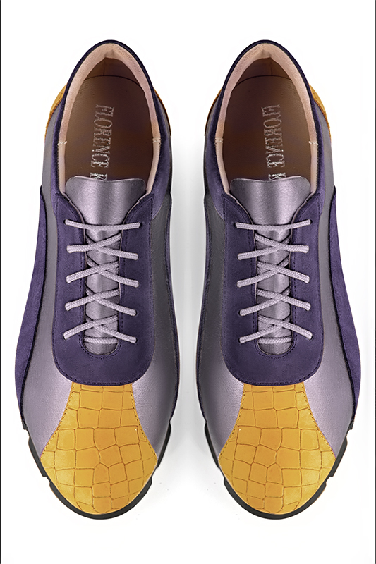 Mustard yellow and lilac purple women's open back shoes. Round toe. Flat rubber soles. Top view - Florence KOOIJMAN